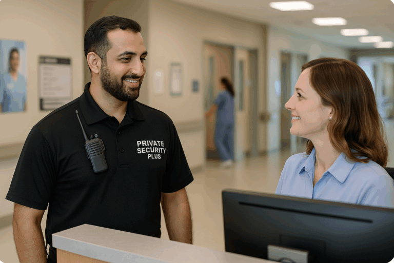 Private Security Plus officer speaking with a receptionist in a medical facility, wearing a uniform with visible radio.
